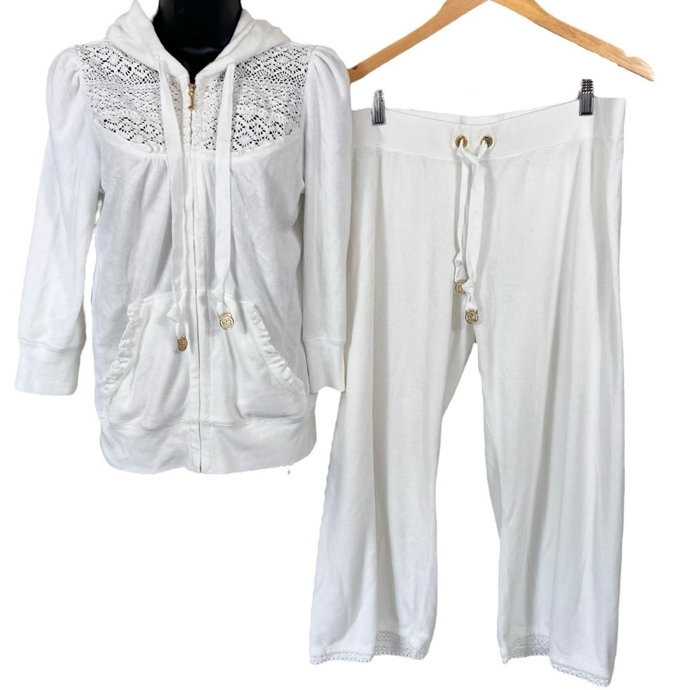 Y2K JUICY COUTURE WHITE CROCHET TERRY Crop Pant TRACK SUIT SET